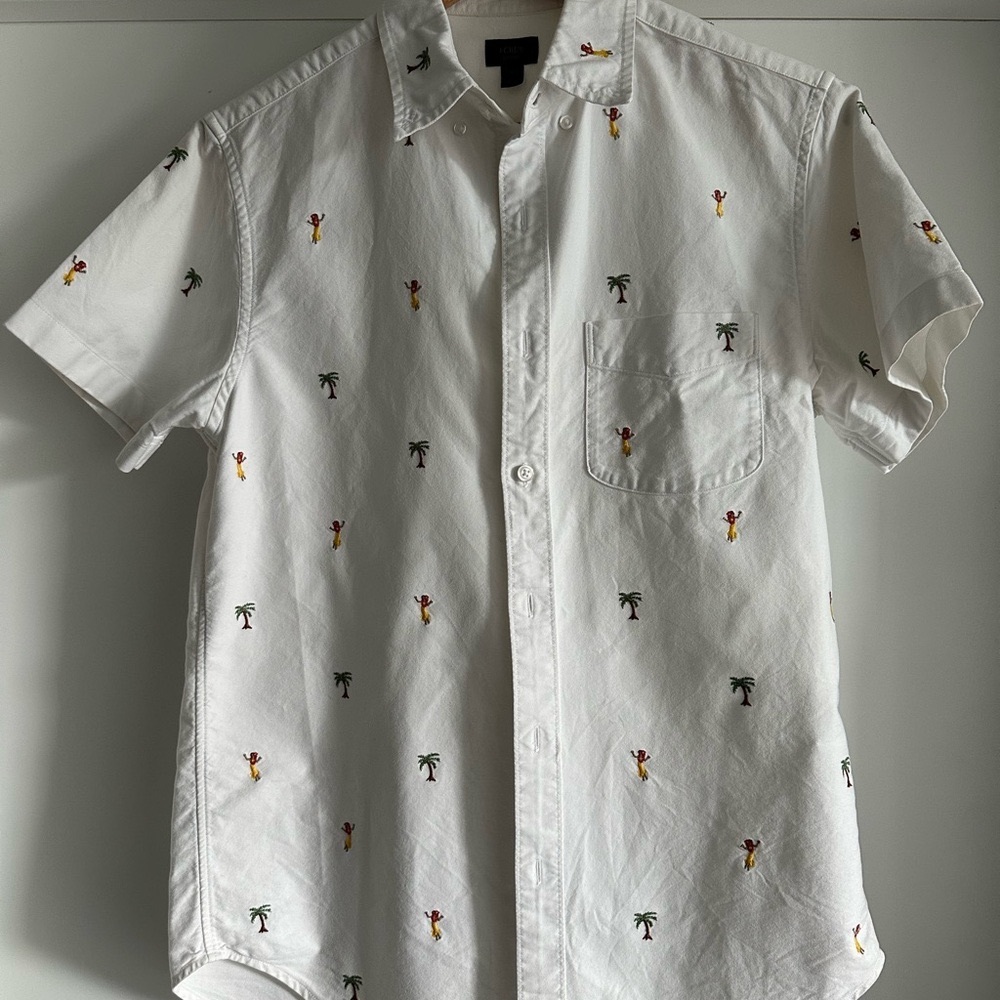 J. Crew White Casual Button Down Shirt with Tropical Print